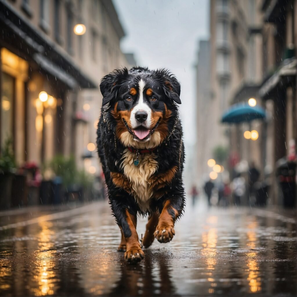 Bernese mountain dog in city